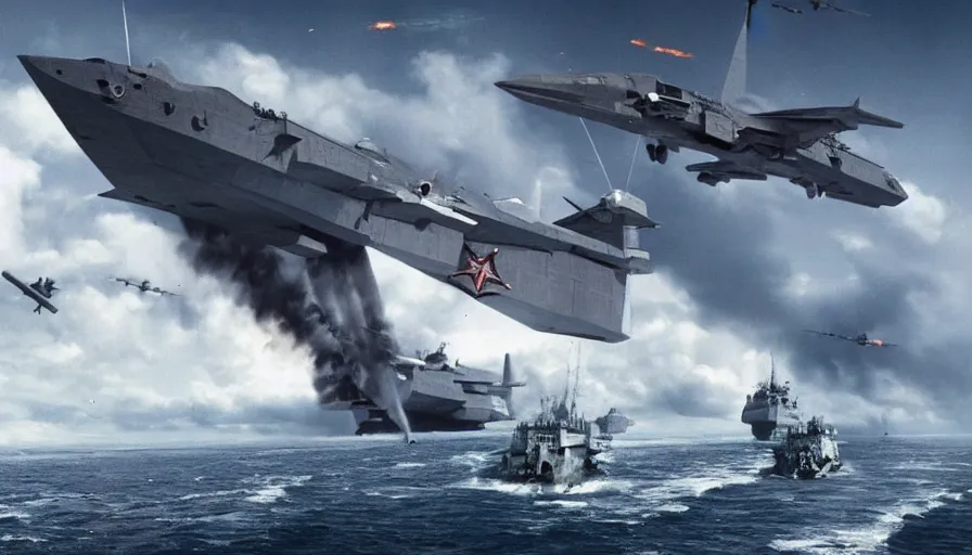 Image similar to big budget movie about a world war 2 spaceship battle using aircraft carriers