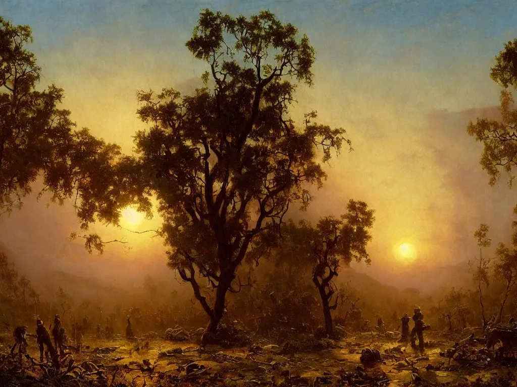 Image similar to a new dawn after a post apocalyptic california landscape after a nuclear war, foliage, plants, flowers, beautiful, sunrise lighting, beautiful painting, los angeles, painted by albert bierstadt