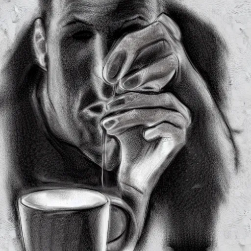 Image similar to Huge man drinking from a tiny mug, digital art, graphite, black and white