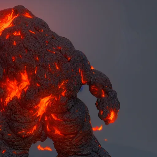 Image similar to a large, muscular, standing, humanoid, lava rock, magma, fire golem creature, burning eyes, exaggerated perspective, unreal engine, 3 5 mm pointing up