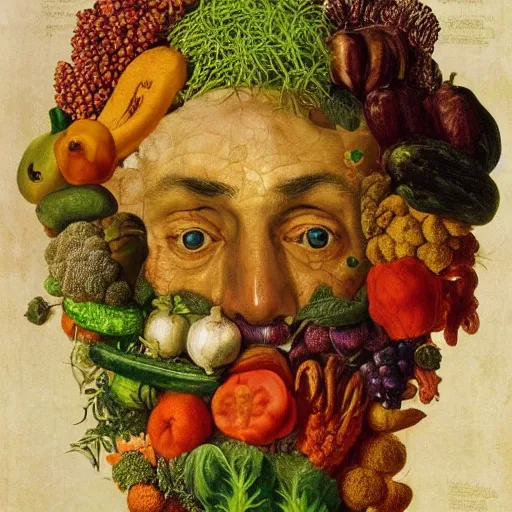 Image similar to portrait of benjamin netanyahu face made of vegetables fruits flowers, by giuseppe arcimboldo