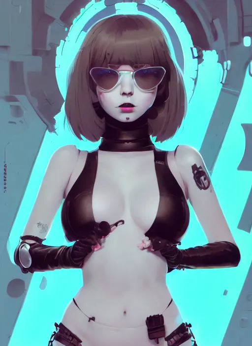 Prompt: portrait of cute goth girl in cyber bikini armor, face by ilya kuvshinov, warhammer, cyberpunk, by atey ghailan, by greg rutkowski, by greg tocchini, by james gilleard, by joe fenton, by kaethe butcher, dynamic lighting, gradient light blue, brown, blonde cream and white color in scheme, grunge aesthetic
