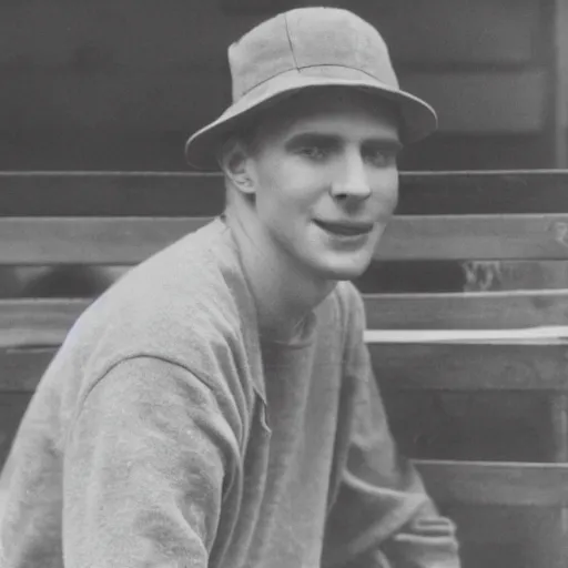 Prompt: photograph of a young man with a backward hat sitting on outdoor wooden bleachers next to a radio