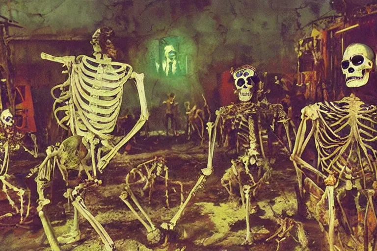 Image similar to scene from spartacus, day of the dead, cyber skeleton, neon painting by otto dix