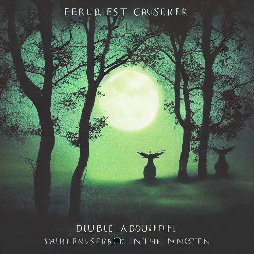 Prompt: a serene forest of faeries, beautiful double crescent moon in the night sky, album cover