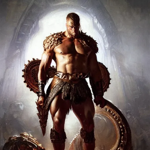 Image similar to handsome portrait of a spartan guy bodybuilder posing, radiant light, caustics, war hero, bloodborne, by gaston bussiere, bayard wu, greg rutkowski, giger, maxim verehin