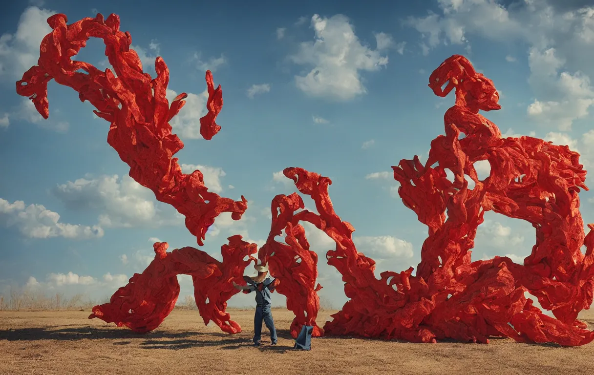 Image similar to a cowboy turning into blooms by slim aarons, by zhang kechun, by lynda benglis. tropical sea slugs, angular sharp tractor tires. complementary colors. warm soft volumetric dramatic light. national geographic. 8 k, rendered in octane, smooth gradients. sculpture by antonio canova. red accents.