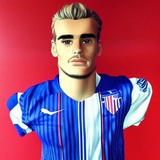 Image similar to “ a realistic detailed photo of a guy who is an attractive humanoid who is half robot and half humanoid, who is a male android, soccer player antoine griezmann, shiny skin, posing like a statue, blank stare, on the bed, on display ”