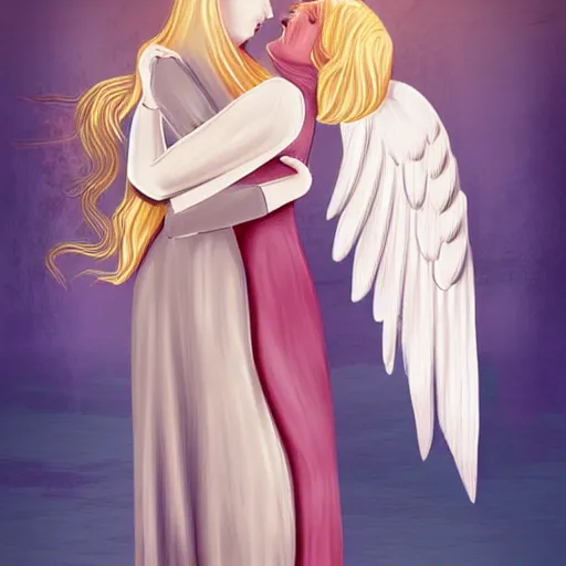 Prompt: an illustration of a young woman with long blond hair hugging her friend, a girl with angel wings, digital art