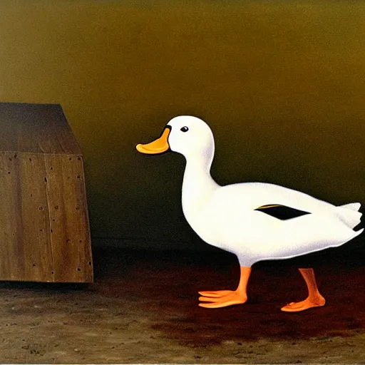 Prompt: a duck on the prowl oil painting robert gober