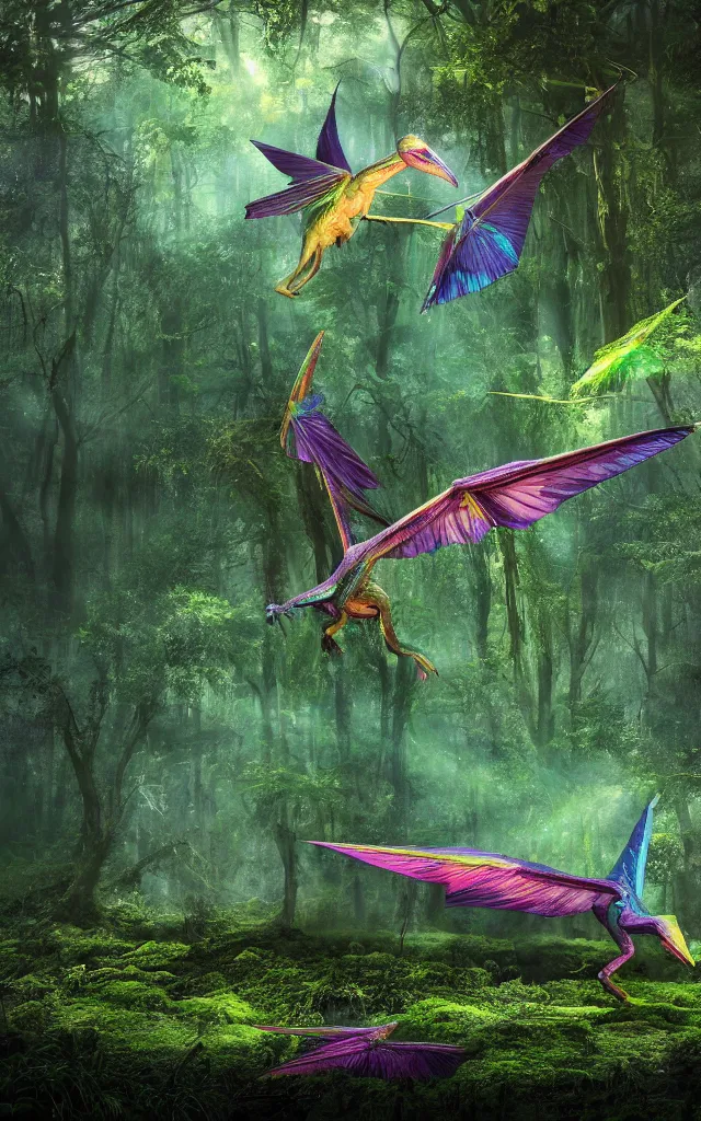 Prompt: iridiscent rainbow dim pterodactyl hunting an insect in a deep swamp, moss and mud, photography, 3d octane render