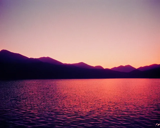 Image similar to sunset over the lake in the mountains, kodak portra 8 0 0