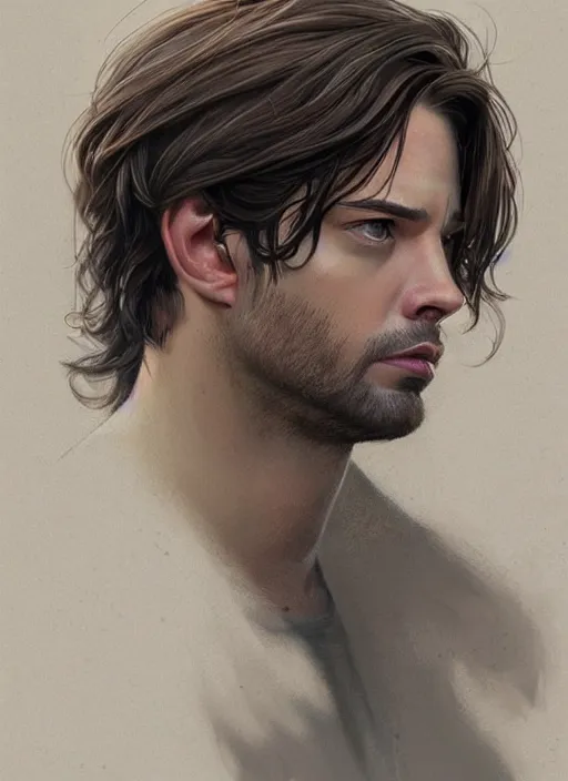 Prompt: beautiful head and shoulders portrait of bucky barnes, casual clothing, intricate, elegant, highly detailed, digital painting, beautiful highly detailed face, artstation, concept art, smooth, sharp, focus, illustration, art by artgerm and greg rutkowski and alphonse mucha