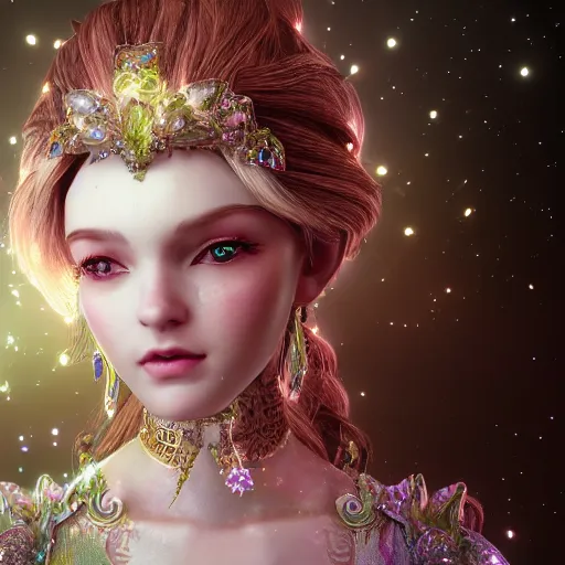 Image similar to portrait of fairy princess, glowing, ornate and intricate jewelry, jaw dropping beauty, glowing background lighting, white accent lighting, hyper detailed, fairy tale, 4 k octane render