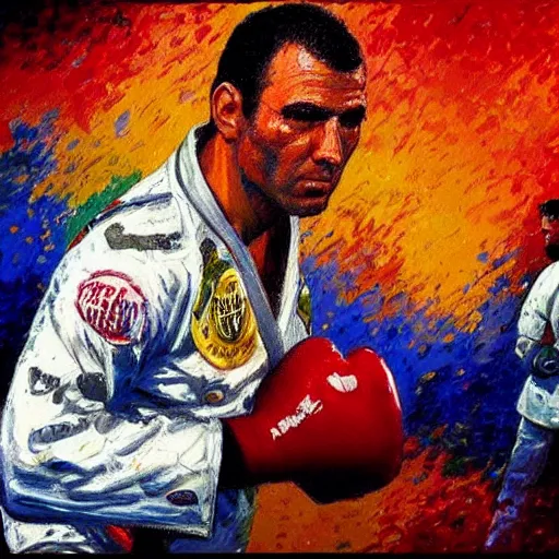 Image similar to royce gracie by leroy neiman, intricate, ultra detailed painting, atmospheric lighting, golden hour