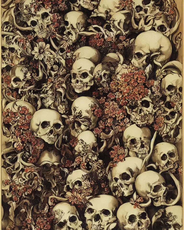 Prompt: the oracle of ancient wisdom surrounded by floral skulls, italian futurism, da vinci, dan gonzalez