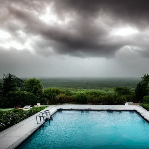 Prompt: a throne of water rising from a pool, overcast stormy skies