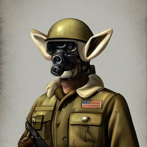 Prompt: face view of a fennec fox dressed in a modern american military soldier uniform, in apocalyptic wasteland, artstation
