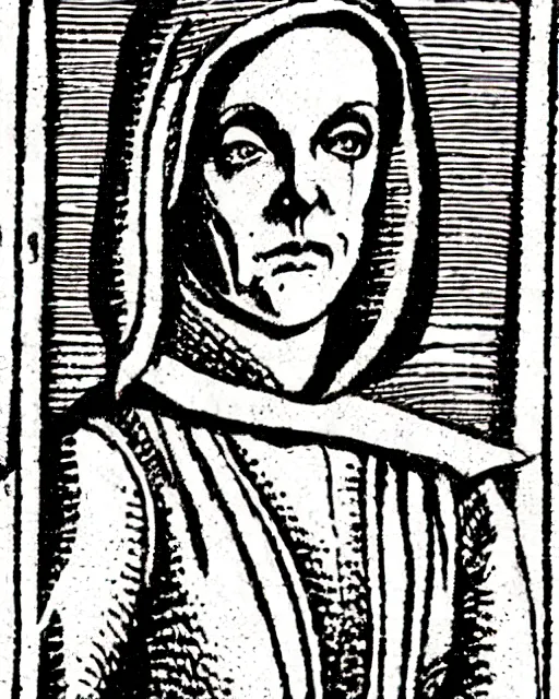 Prompt: woodcut illustration of dana scully from the nuremberg chronicle, 1 4 9 3, sharp scan, restored