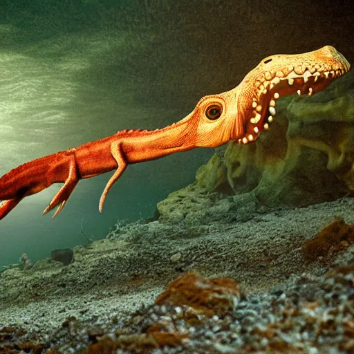 Prompt: a dinosaur - squid, wildlife photography