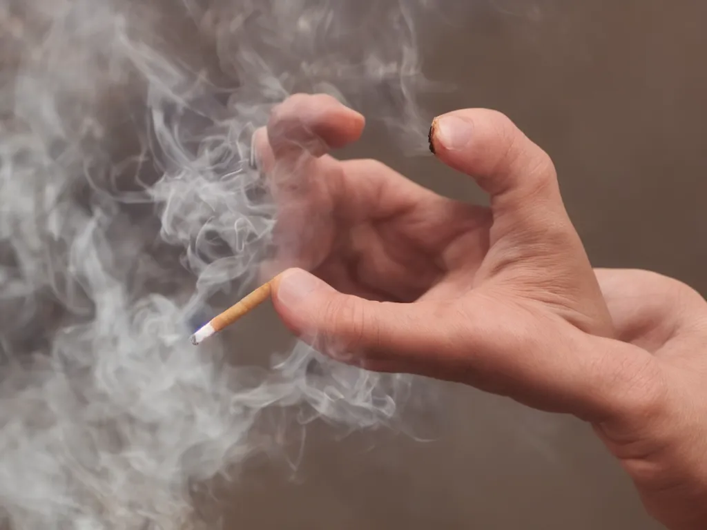 Prompt: Close-up view of hyperrealistic thin soft hand holding cigarette with smoke, photo by Marion Berrin, 4K