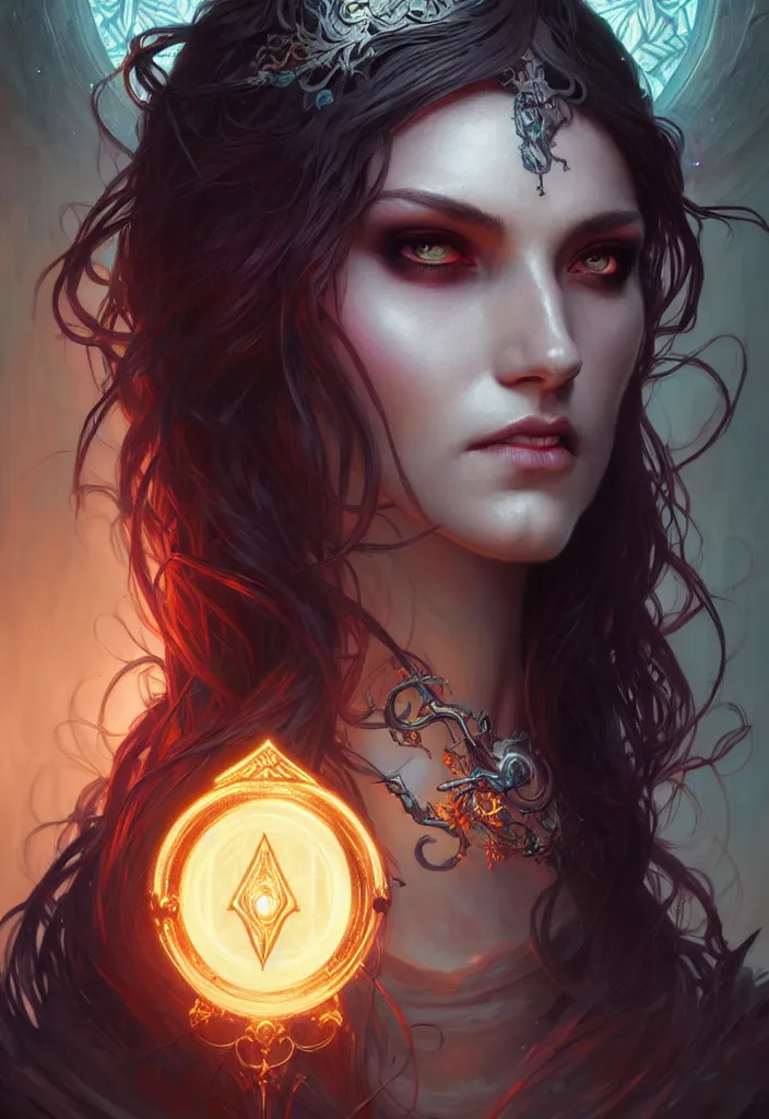 Image similar to Necromancer Sorceress face in center, fantasy magic, undercut hairstyle, dark light night, intricate, elegant, sharp focus, illustration, highly detailed, digital painting, concept art, matte, art by WLOP and Artgerm and Greg Rutkowski and Alphonse Mucha, masterpiece