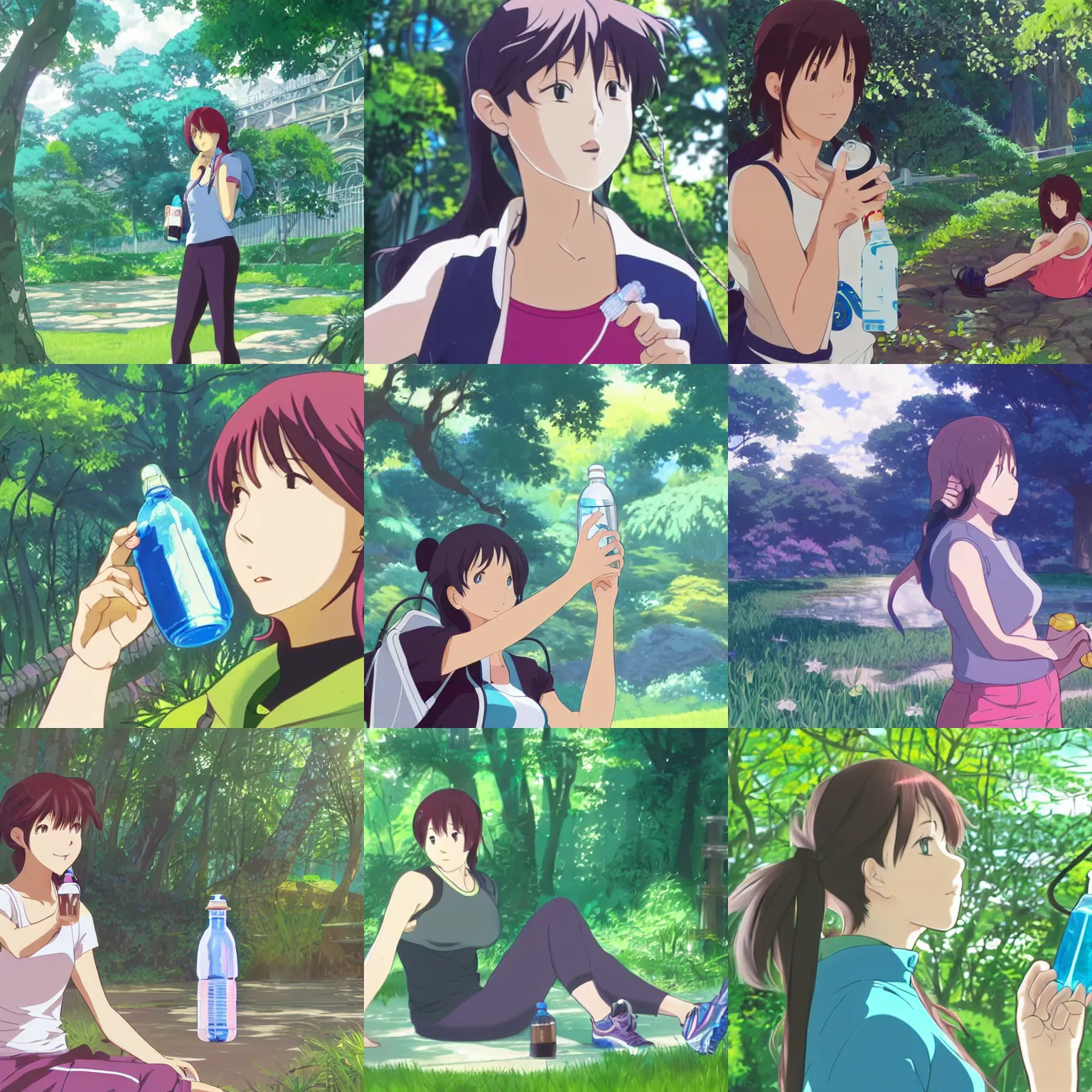 Prompt: A woman wearing sportswear drinking from a water bottle in a lush park, highly detailed, artstation, concept art, official Kyoto Animation and Studio Ghibli anime screenshot, by Makoto Shinkai and Alphonse Mucha