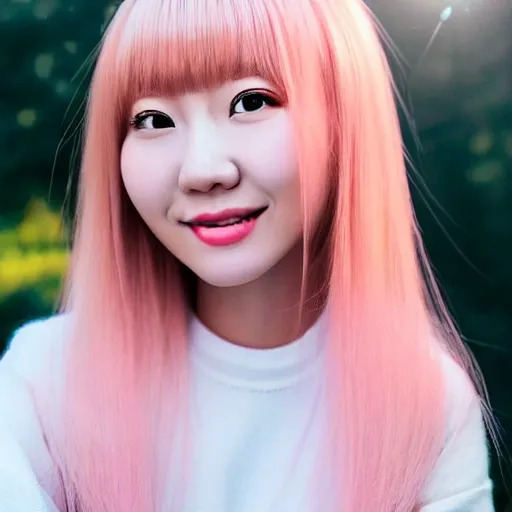 Image similar to beautiful hyperrealism selfie of nikki 苏 暖 暖 from shining nikki, a cute 3 d young woman smiling sofly, long light pink hair and full bangs, flushed face, small heart - shaped face, amber eyes, chinese heritage, golden hour, 8 k, sharp focus, instagram