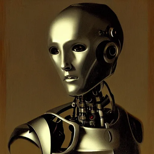 Image similar to portrait of a robot by caravaggio in the style of greg rutkowski
