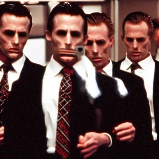 Image similar to ryan gosling clones surrounding christian bale in american psycho ( 1 9 9 9 )