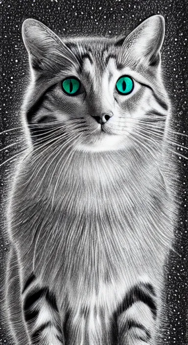 Image similar to highly detailed full body realistic pencil sketch of a beautiful cat with big green eyes in front of the galaxy stars