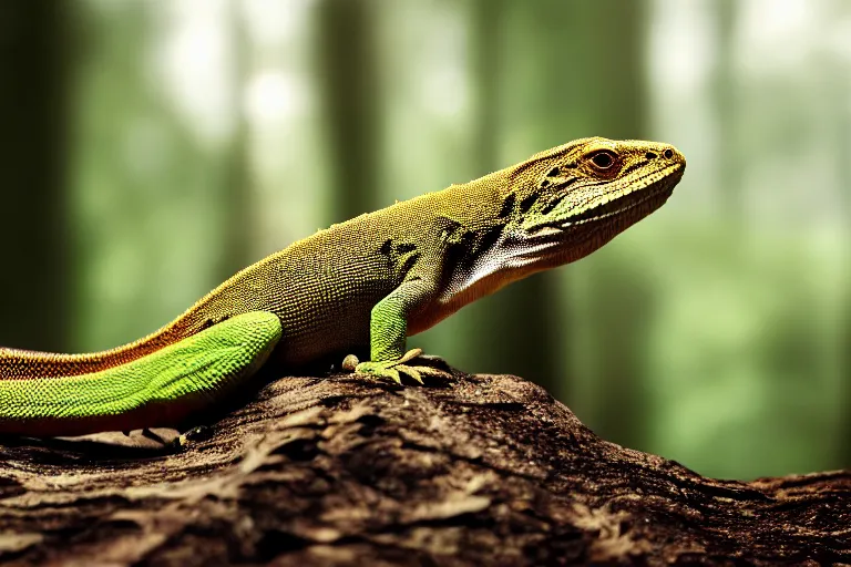 Prompt: photorealistic lizard, deep forest on all background, 5 0 mm, kanon, bokeh