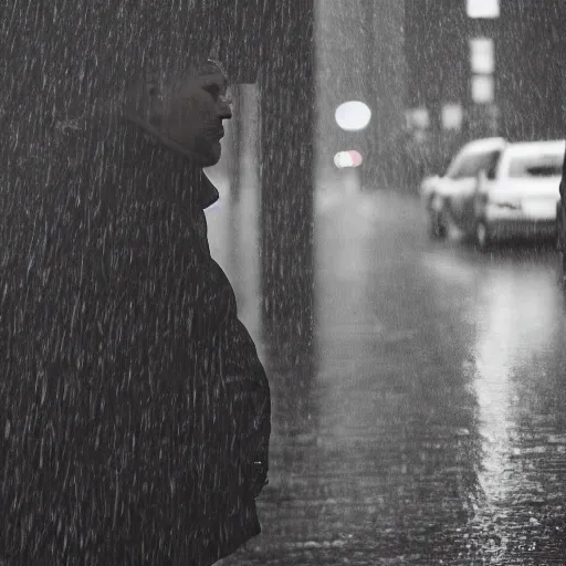 Prompt: closeup portrait of a man fishing in a rainy new york street, photography, natural light