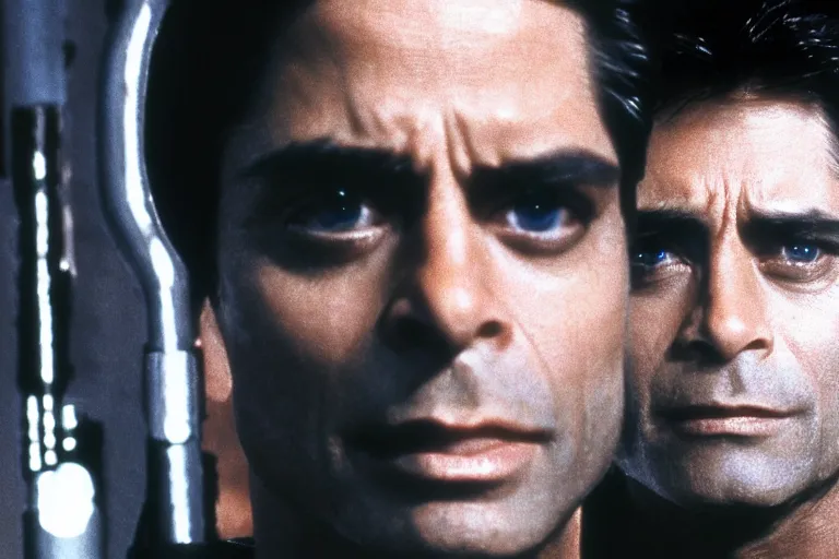Image similar to uncle jesse from full house, he looks like a terminator, metal on his face, one red eye, movie still, from the movie terminator, 8 k, cinematic lighting