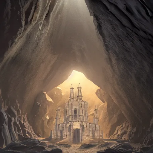 Prompt: The royal castle of a sacred family found in a large sand cavern. A ray of light shines from above through a crack in the rocks. Concept art, trending on artstation