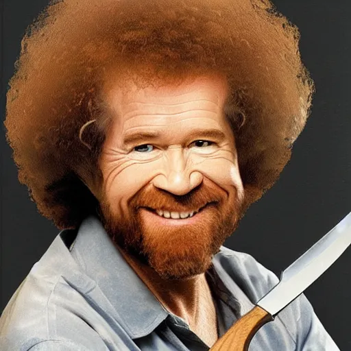 Prompt: realistic photo of bob ross painting with a knife