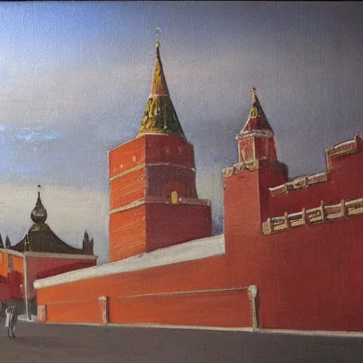 Prompt: chinese - style kremlin and chinese st. basil's cathedral on wide stone square at sawn, portrait of mao on the kremlin, gentle dawn, realistic painting