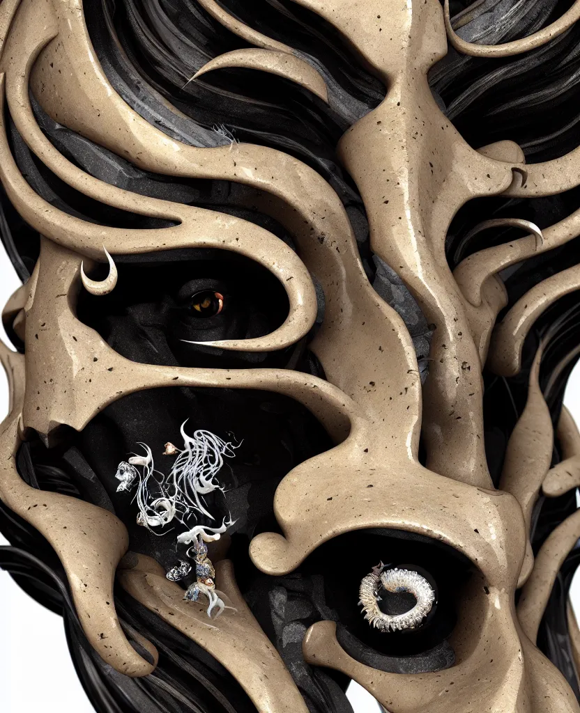 Prompt: goddess princess face close-up portrait ram skull. sculpture made of black stone with elements made of polished gold. jellyfish phoenix head, nautilus, orchid, skull, betta fish, bioluminiscent creatures, intricate artwork by Tooth Wu and wlop and beeple. octane render, trending on artstation, greg rutkowski very coherent symmetrical artwork. cinematic, hyper realism, high detail, octane render, 8k