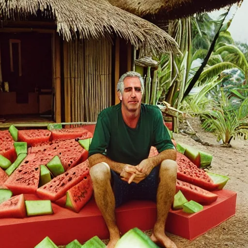 Image similar to a photo of jeffrey epstein sitting in a hut in hawaii with various square watermelons everywhere in the room, portra 4 0 0