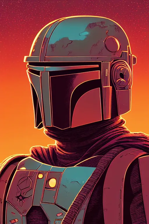 Image similar to closeup potrait of the mandalorian, intricate, volumetric lighting, moebius, geof darrow, frank miller, dan mumford, detailed illustration, digital art, victo ngai, kilian eng, vector art