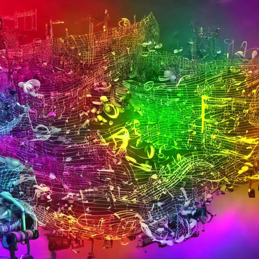 Prompt: realistic detailed 3D render of music, industries, toxic waste, full of colors and musical notes