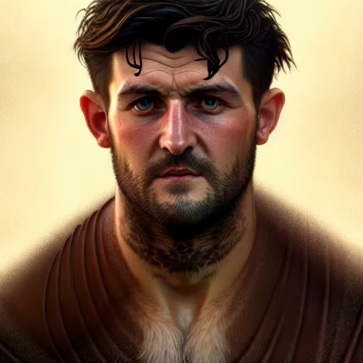 Prompt: Harry Maguire with a majestic beard, closeup, D&D, fantasy, intricate, elegant, highly detailed, digital painting, artstation, concept art, matte, sharp focus, illustration, art by Artgerm and Greg Rutkowski and Alphonse Mucha