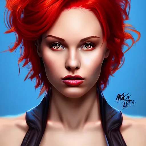 Prompt: a stunning upper body portrait of a beautiful woman, her hair is red hot fire, by marvel comics, digital art, trending on artstation