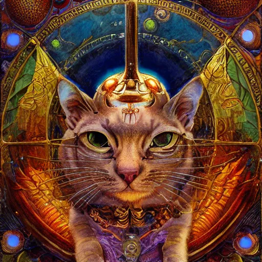 Image similar to highly detailed portrait of a cat shaped psychedelic dmt mecha, painting by gaston bussiere, craig mullins, j. c. leyendecker, lights, art by ernst haeckel, john william godward, hammershøi, alex grey