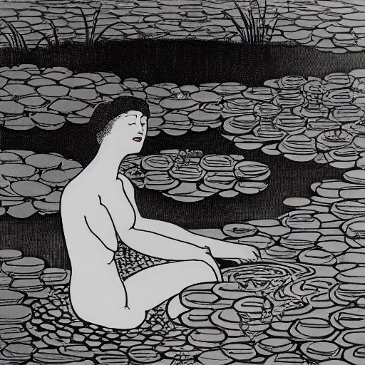 Image similar to A girl bathes in a lake where water lilies are floating, lithography by Aubrey Beardsley, High definition, detailed,