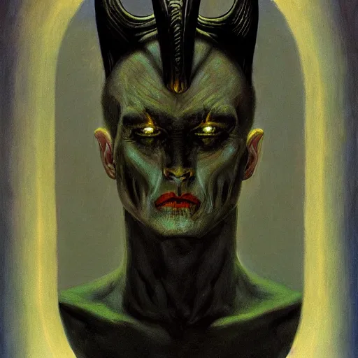 Image similar to portrait of a humanoid with horns, cyan skin and completely black eyes, by gerald brom