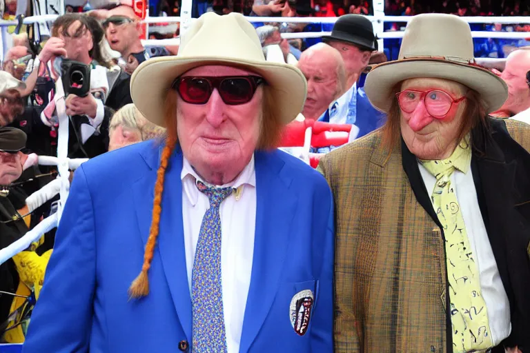 Prompt: michael fish vs john mccririck in a boxing match, in the middle of a paddock