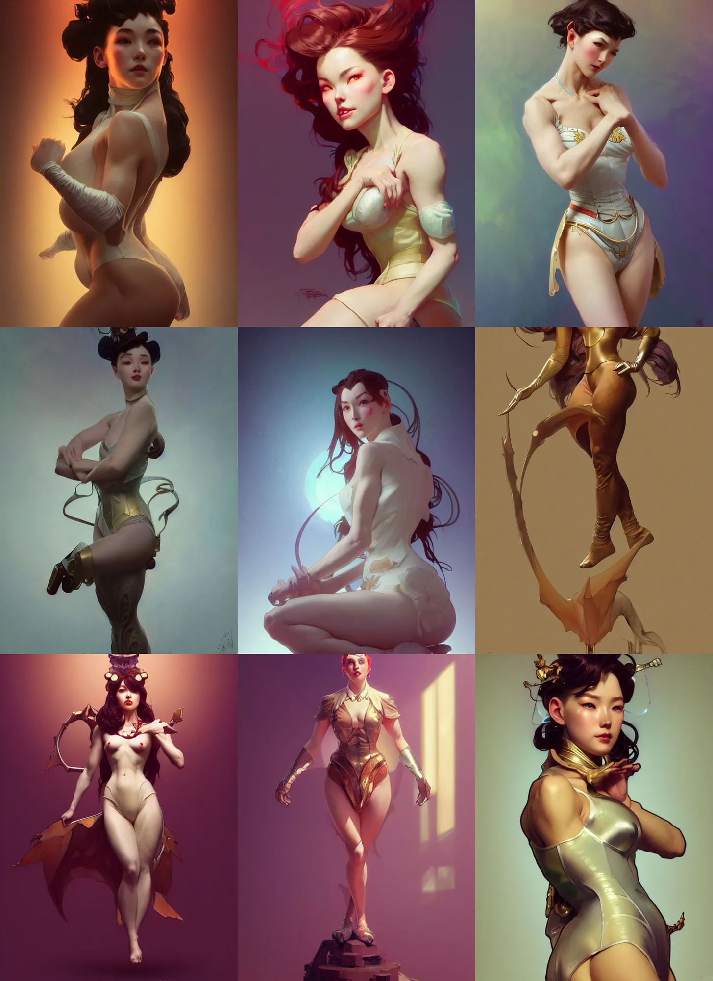 Image similar to digital concept art by artgerm, tooth wu, bierstadt, gurney, stalenhag and alphonse mucha. just one lonely namilia attctive showgirl!! full body!! contour light effect!! 8 k, stage light. octane render. sharp edge. ultra clear detailed, sitting pose