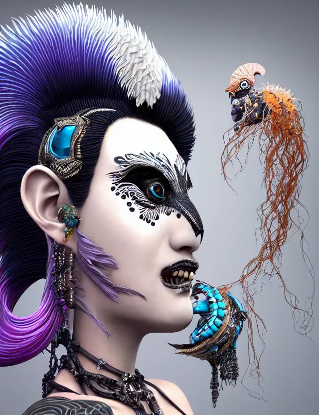 Image similar to 3 d goddess close - up profile portrait punk with mohawk with ram skull. beautiful intricately detailed japanese crow kitsune mask and clasical japanese kimono. betta fish, jellyfish phoenix, bio luminescent, plasma, ice, water, wind, creature, artwork by tooth wu and wlop and beeple and greg rutkowski