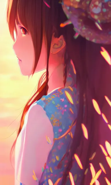 Image similar to a colorful scene of a girl with brown hair, anime, detailed background, female, portrait, trending on artstation, by studio ghibli and rossdraws